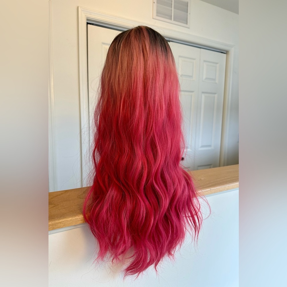 Long Hot Pink Ombré Wavy Wig with Bangs 24 Inch Length Pink Ombré Hair Halloween